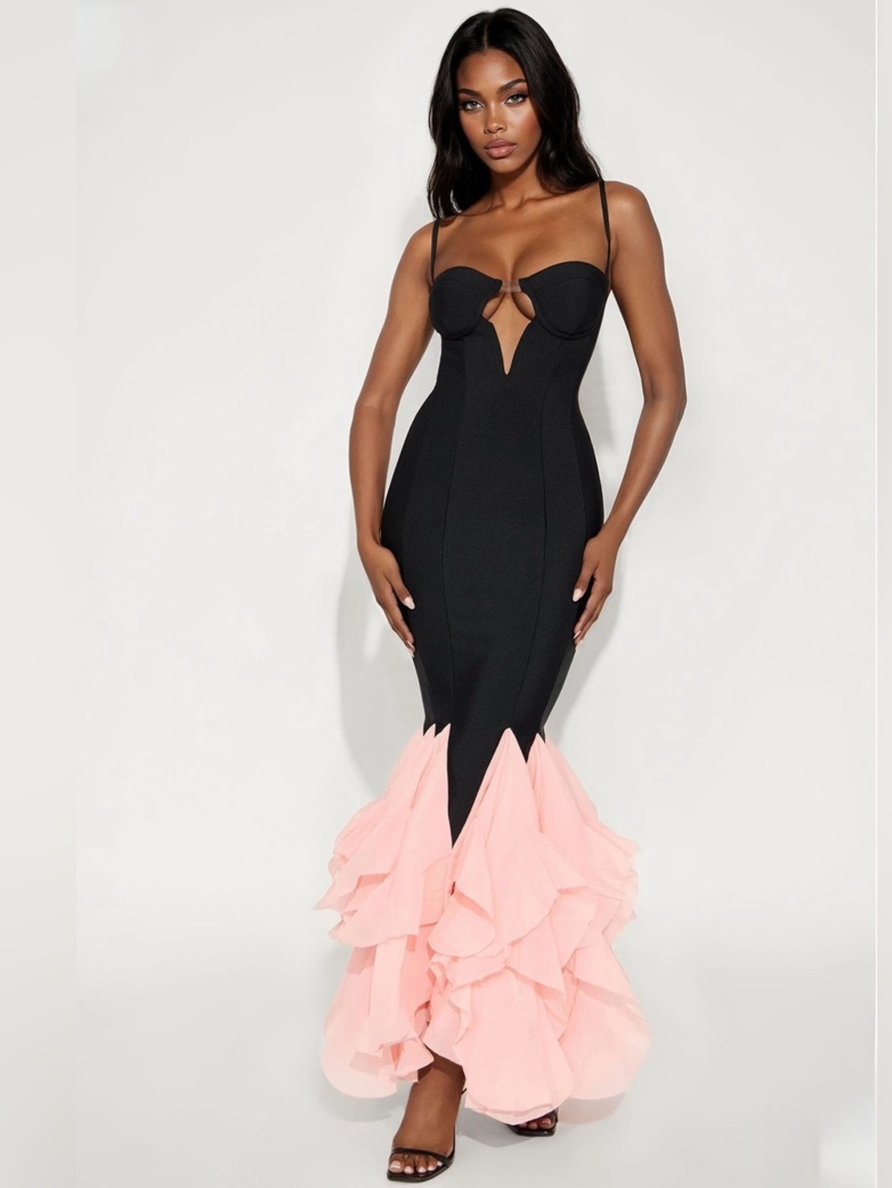 Black & Blush Pink Mermaid Corset Ruffle Gown